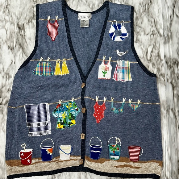 Vintage Mandal Bay CottageCore CoastalGrandma Sweater Vest XXL Beach Embellished - Picture 2 of 12